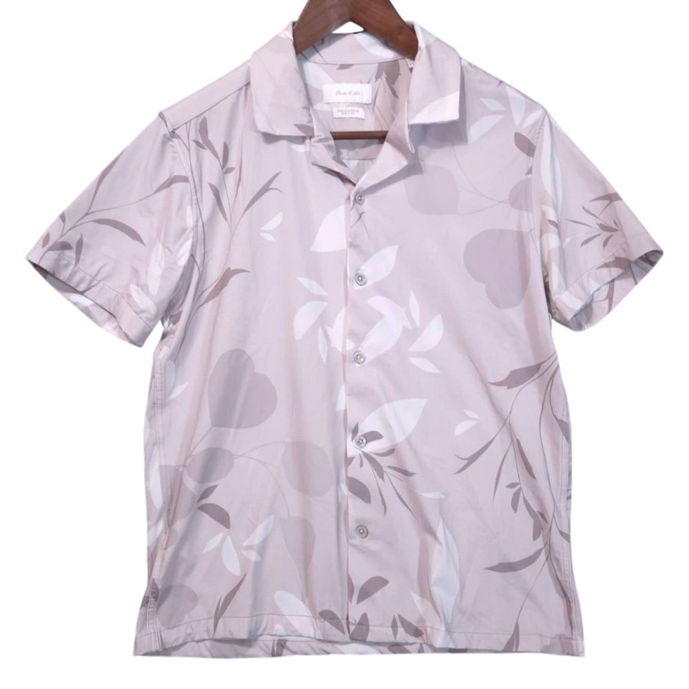 Porter & Ash Kinetic Stretch Short Sleeve Shirt Men S Button Down Leaf Print Tan